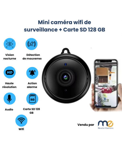 Mini caméra de surveillance intérieure sans fil, vision nocturne, audio bidirectionnel, détection de mouvement + Carte SD 128 GB Mini caméra de surveillance intérieure sans fil, vision nocturne, audio bidirectionnel, détection de mouvement + Carte SD 128 GB