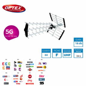 Antenne extérieure OPTEX 5G UHF Trinappe TNT HD DVB-T TV - TNI7000, Gain 18dB