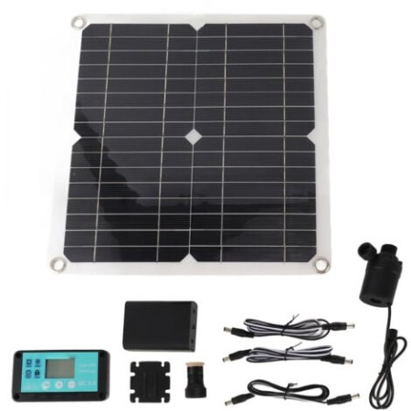 Kit pompe à eau solaire 50W, panneau solaire 22W avec bottier de batterie 8 piles 18650 (4 offertes)