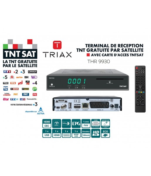 Récepteur Terminal de Réception TNT Gratuite Par Satellite HD - Triax THR 9930 - Avec Carte d’Accès TNTSAT Récepteur Terminal de Réception TNT Gratuite Par Satellite HD - Triax THR 9930 - Avec Carte d’Accès TNTSAT