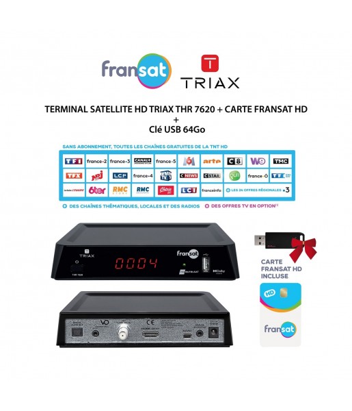 Pack Récepteur Décodeur Terminal Satellite HD TRIAX THR 7620 + Carte FRANSAT HD + Clé USB 64Go Pack Récepteur Décodeur Terminal Satellite HD TRIAX THR 7620 + Carte FRANSAT HD + Clé USB 64Go