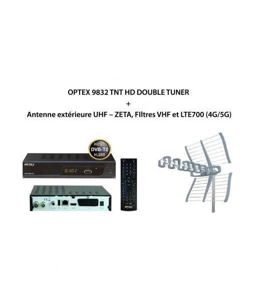 Pack OPTEX 9832 TNT HD DOUBLE TUNER + Antenne extérieure UHF – ZETA Pack OPTEX 9832 TNT HD DOUBLE TUNER + Antenne extérieure UHF – ZETA
