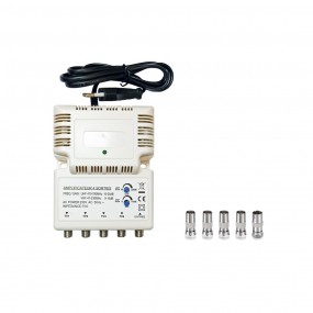 Amplificateur intérieur UHF 1 entrée 4 sorties Gain 25dB Blanc + 5 Adaptateurs TV