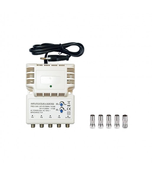 Amplificateur intérieur UHF 1 entrée 4 sorties Gain 25dB Blanc + 5 Adaptateurs TV Amplificateur intérieur UHF 1 entrée 4 sorties Gain 25dB Blanc + 5 Adaptateurs TV