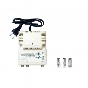 Amplificateur Intérieur UHF 1 entrée 2 sorties Gain 25dB Blanc + 3 Adaptateurs