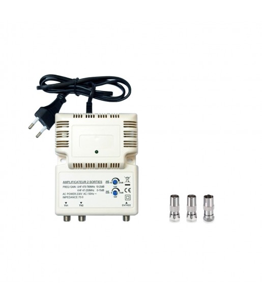Amplificateur Intérieur UHF 1 entrée 2 sorties Gain 25dB Blanc + 3 Adaptateurs Amplificateur Intérieur UHF 1 entrée 2 sorties Gain 25dB Blanc + 3 Adaptateurs