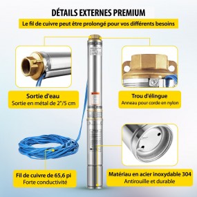 Pompe à Eau De Puits Profond Submersible Immergée Câble 20m 2.2kw 2200 W Max.14000l/h
