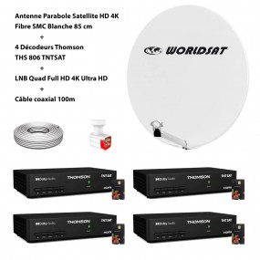 Kit Antenne Parabole Sat HD 4K Fibre SMC Blanche 85cm WORLDSAT