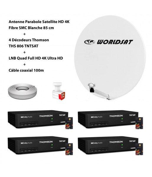 Kit Antenne Parabole Sat HD 4K Fibre SMC Blanche 85cm WORLDSAT Kit Antenne Parabole Sat HD 4K Fibre SMC Blanche 85cm WORLDSAT