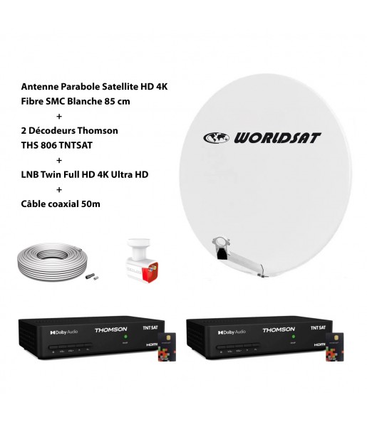 Kit Antenne Parabole Sat HD 4K Fibre SMC Blanche 85cm WORLDSAT Kit Antenne Parabole Sat HD 4K Fibre SMC Blanche 85cm WORLDSAT