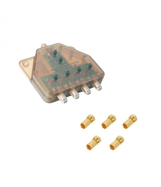 Amplificateur TNT UHF, Distributeur Télé alimenté 1 entrée 4 sorties + 5 Fiches F Or Amplificateur TNT UHF, Distributeur Télé alimenté 1 entrée 4 sorties + 5 Fiches F Or