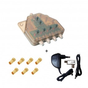 Amplificateur TNT UHF, Distributeur Télé Alimenté 1 Entrée 4 Sorties + Alimentation 12 V 50 MA + 7 Fiches F Or