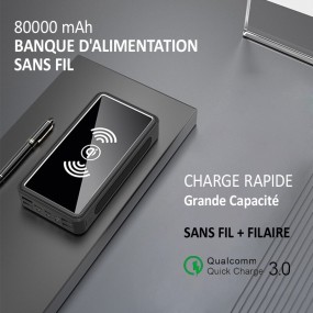Batterie externe solaire Sans fil Induction, 80000mAh, pour l'extérieur, 4 USB, Charge rapide Batterie externe solaire Sans fil Induction, 80000mAh