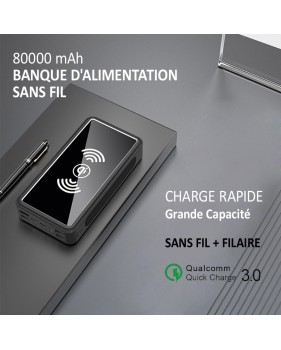 Batterie externe solaire Sans fil Induction, 80000mAh