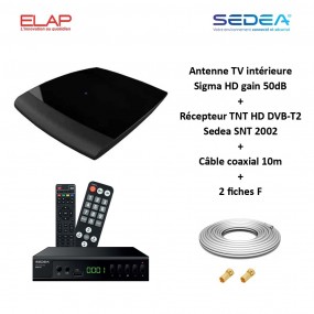 Antenne TV intérieure Sigma HD, UHF 470-790, gain 50dB ELAP + Récepteur TNT HD DVB-T2 Sedea SNT 2002