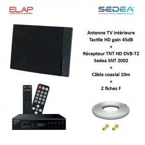 Antenne TV TNT Intérieure Tactile HD VHF UHF, Gain 45dB ELAP + Récepteur TNT HD DVB-T2 Sedea SNT 2002