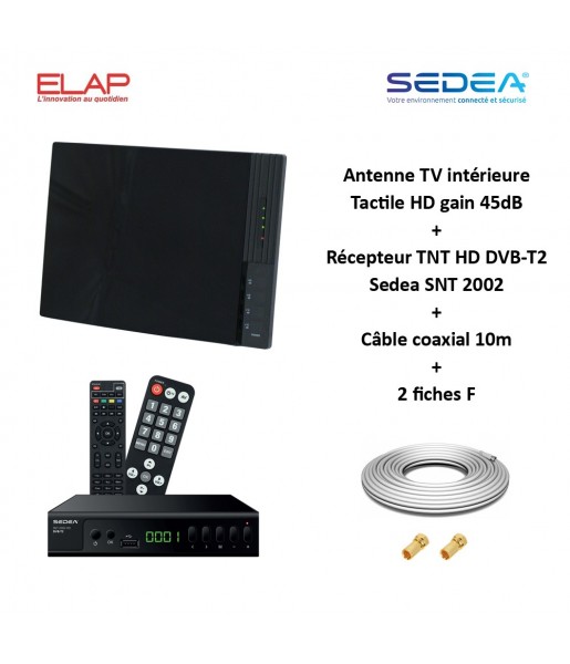 Antenne TV TNT Intérieure Tactile HD VHF UHF, Gain 45dB ELAP + Récepteur TNT HD DVB-T2 Sedea SNT 2002 Antenne TV TNT Intérieure Tactile HD VHF UHF, Gain 45dB ELAP + Récepteur TNT HD DVB-T2 Sedea SNT 2002