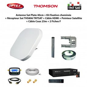 Antenne Sat Plate 40cm + Kit fixation + Récepteur Sat THS806 TNTSAT + Câble HDMI + Pointeur + Câble Coax 25m + 2 Fiches F