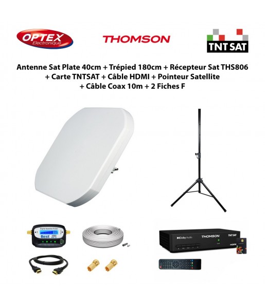 Antenne Sat Plate 40cm + Trépied 180cm + Récepteur THS806 TNTSAT + Câble HDMI + Pointeur + Câble Coax 10m + 2 Fiches F Antenne Sat Plate 40cm + Trépied 180cm + Récepteur THS806 TNTSAT + Câble HDMI + Pointeur + Câble Coax 10m + 2 Fiches F