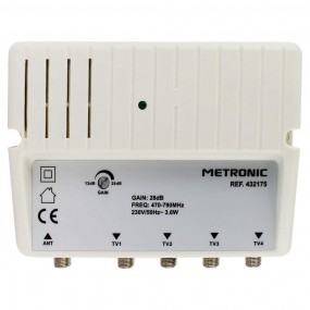 Amplificateur Répartiteur Blindé Réglage de Gain 4 Sorties Fiche F Metronic 432175 Blanc