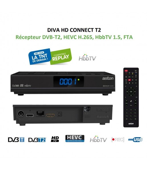 Récepteur Décodeur DVB-T2, HEVC H.265, HbbTV 1.5, FTA TNT ASTON DIVA HD CONNECT T2 Récepteur Décodeur DVB-T2, HEVC H.265, HbbTV 1.5, FTA TNT ASTON DIVA HD CONNECT T2